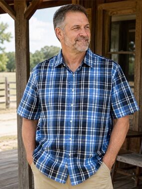 Puritan Men's Size Large Country Sky Blue Plaid Short Sleeve Button Down Shirt
